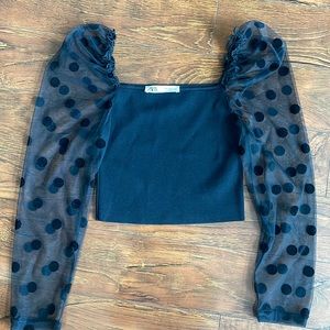 Zara poplin black top with mesh and polka dots (size medium)